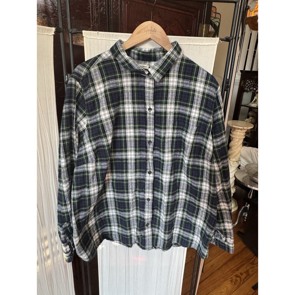 L.L.Bean Scotch Plaid Flannel Shirt 3X Plus Quarter Zip Blue Green